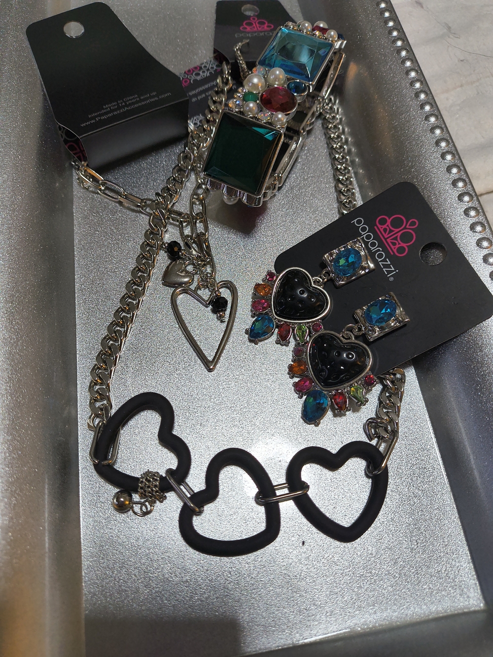 Paparazzi Black Heart Link Necklace and Multicolor Earrings Set 4pc